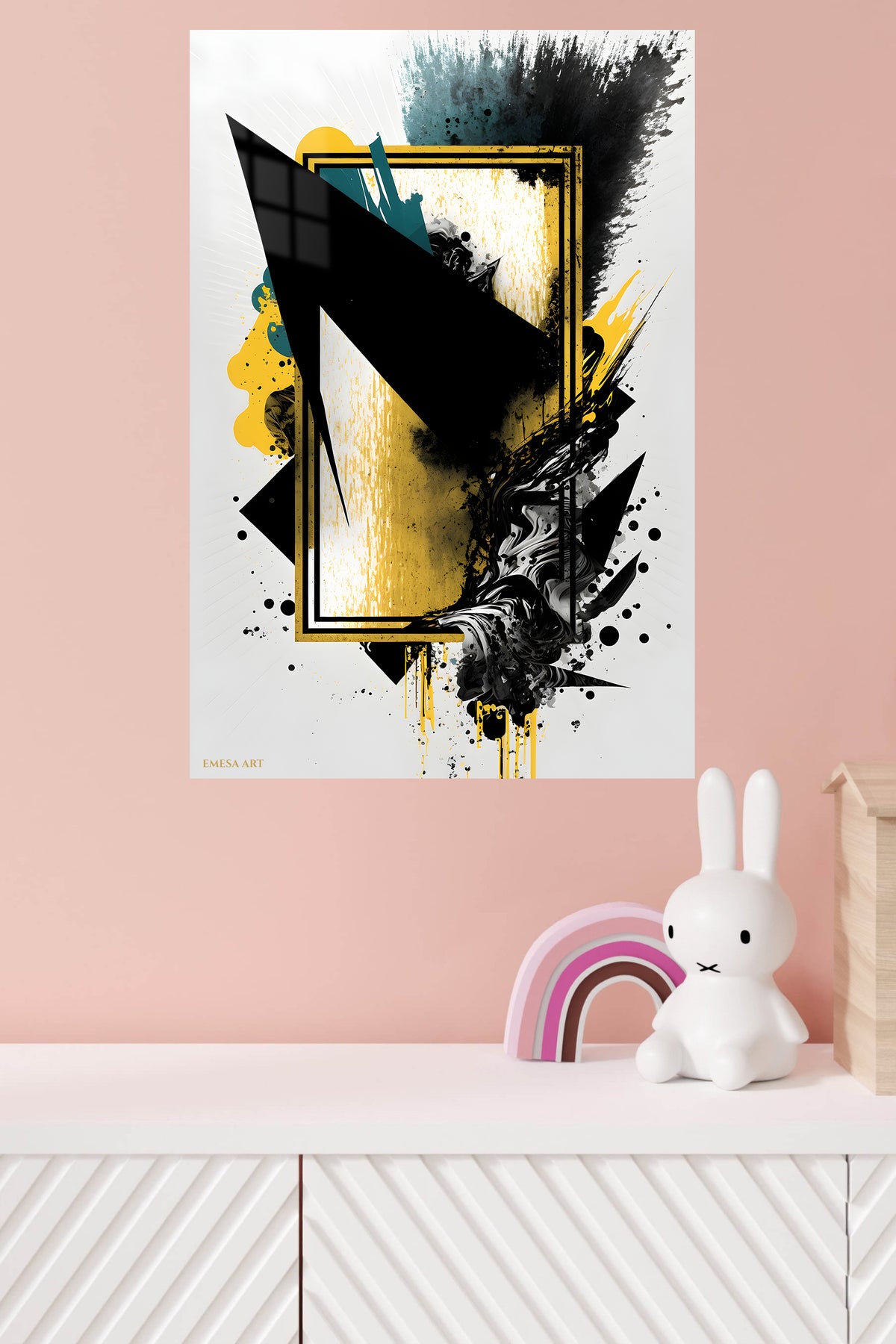 Golden Geometric Eclipse metal wall art displayed in a modern interior