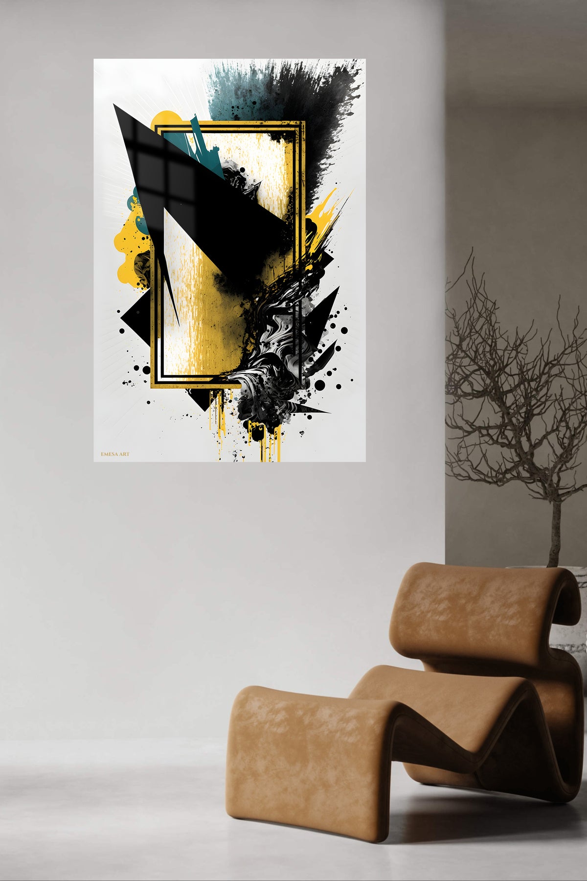 Golden Geometric Eclipse metal wall art displayed in a contemporary living space