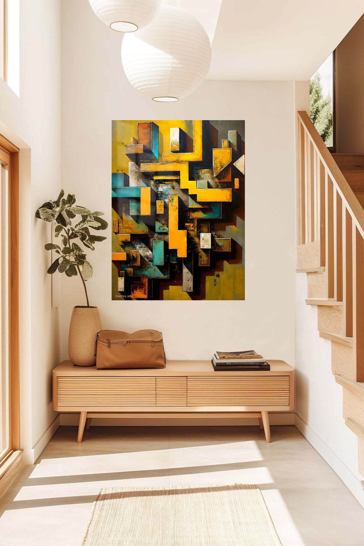 Emerald and Amber Flow metal wall art displayed in a contemporary living space