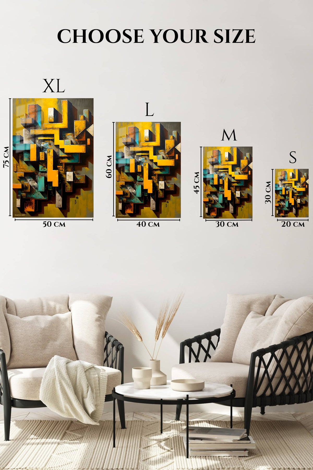 EMESA metal wall art size comparison guide for Emerald and Amber Flow