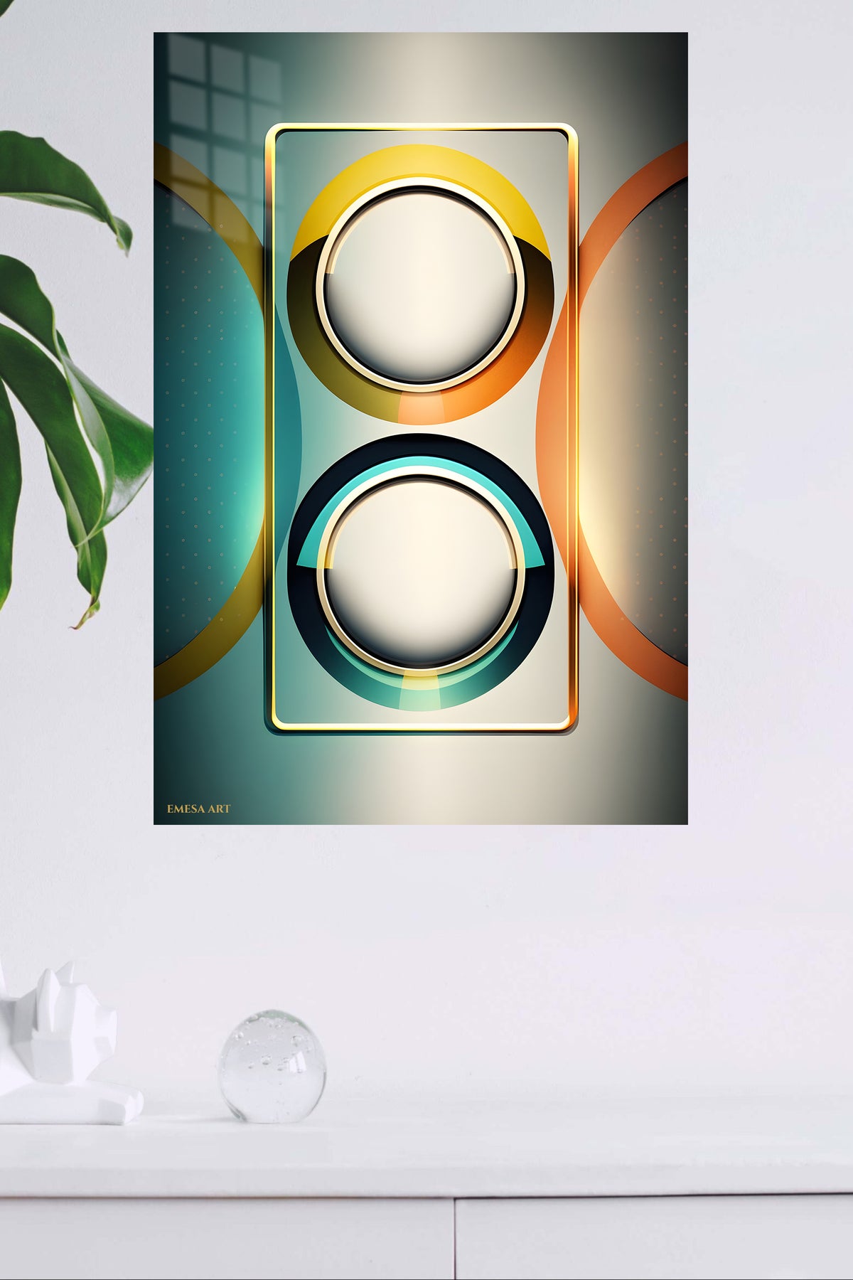 Teal and Ember Fluid Forms metal wall art displayed in a modern interior