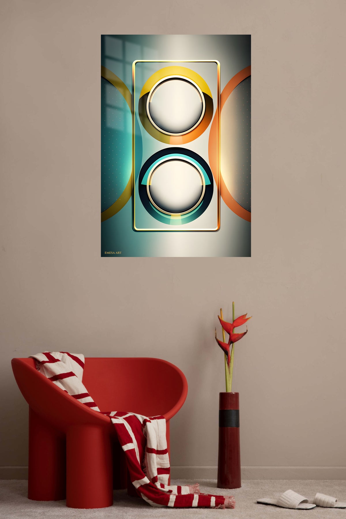 Teal and Ember Fluid Forms metal wall art displayed in a contemporary living space