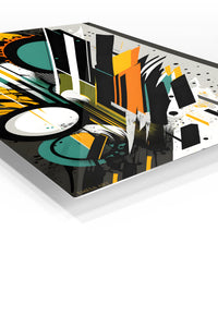 Teal orange geometric metal wall art – angled view