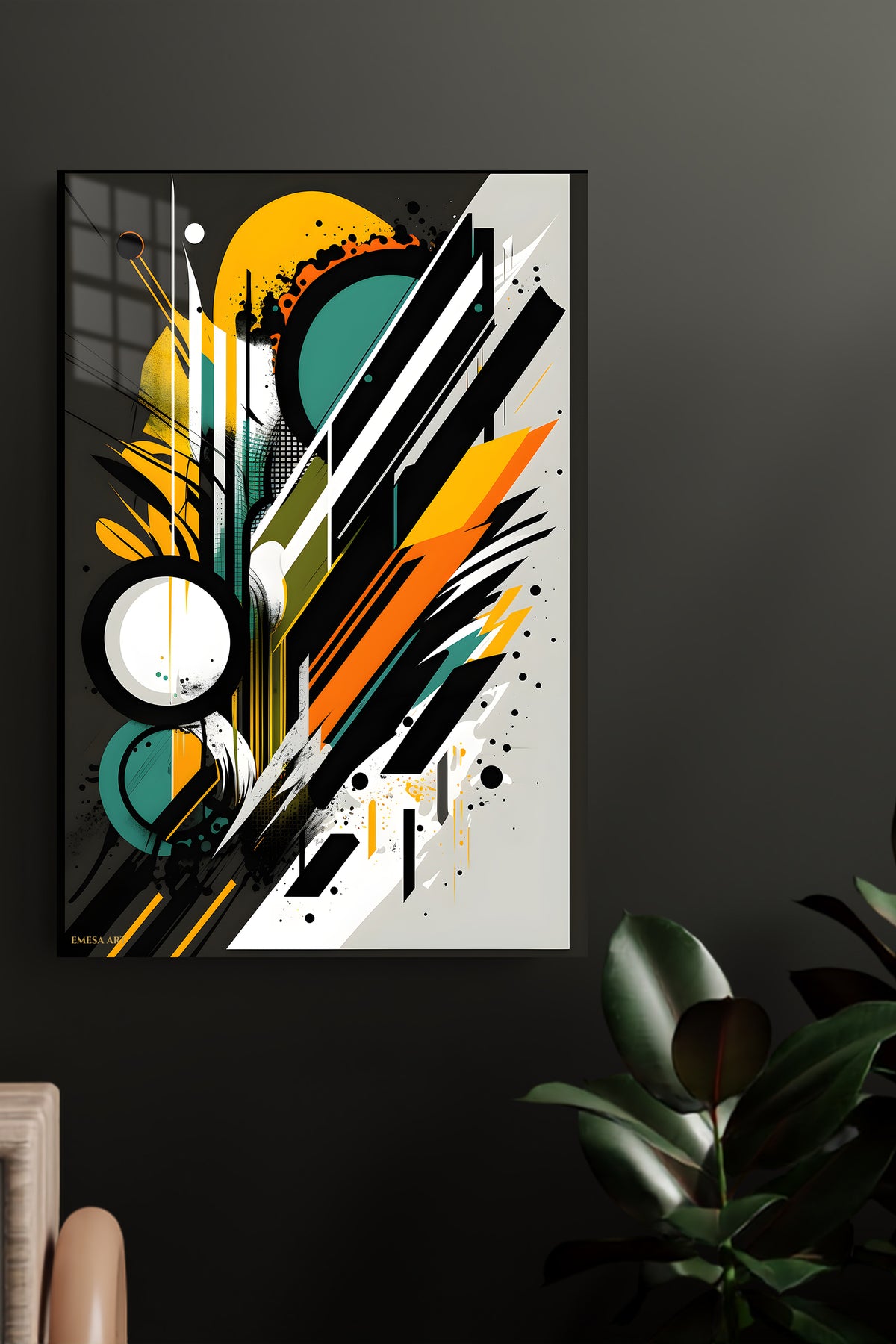 Teal orange geometric metal wall art displayed in a modern interior
