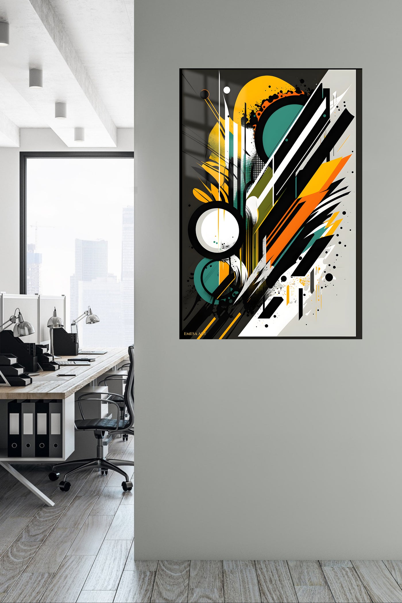 Teal orange geometric metal wall art displayed in a contemporary living room
