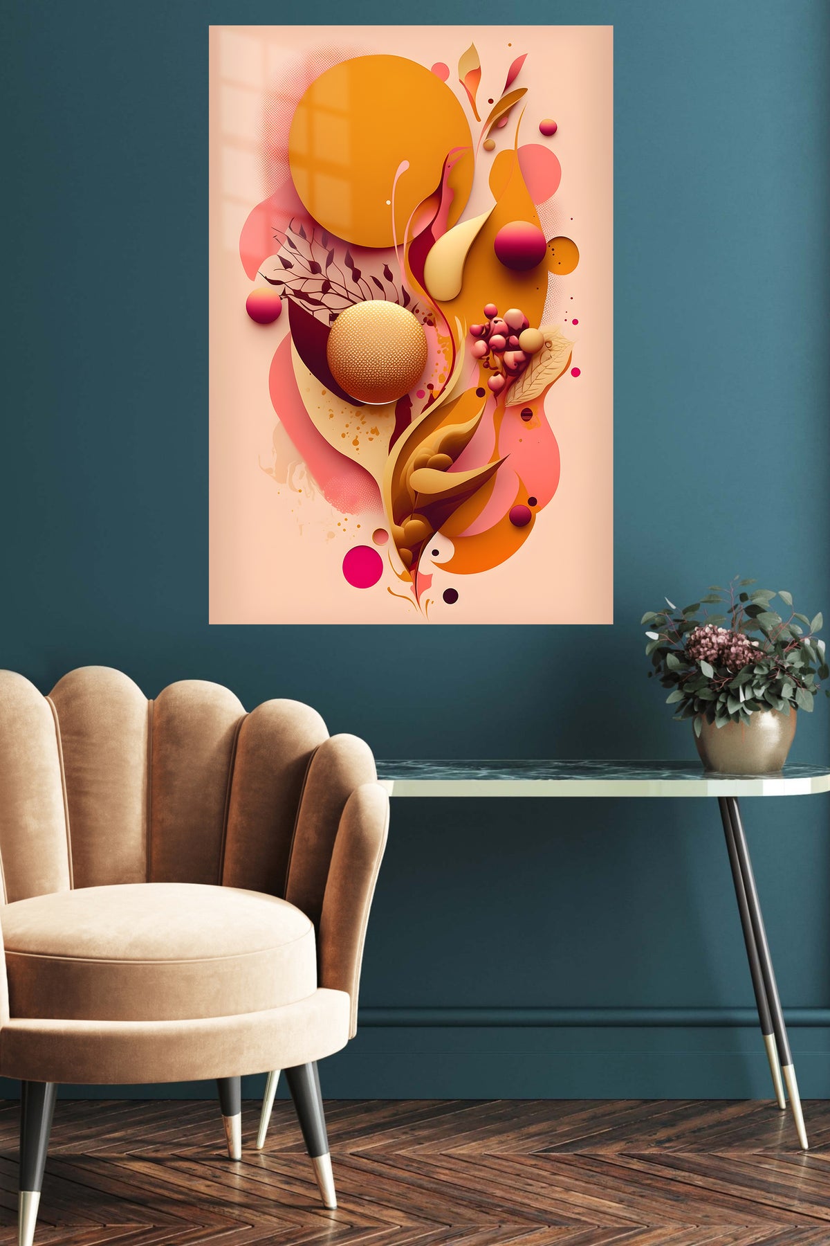 Teal and Rust Geometric Ascent metal wall art displayed in a contemporary living space