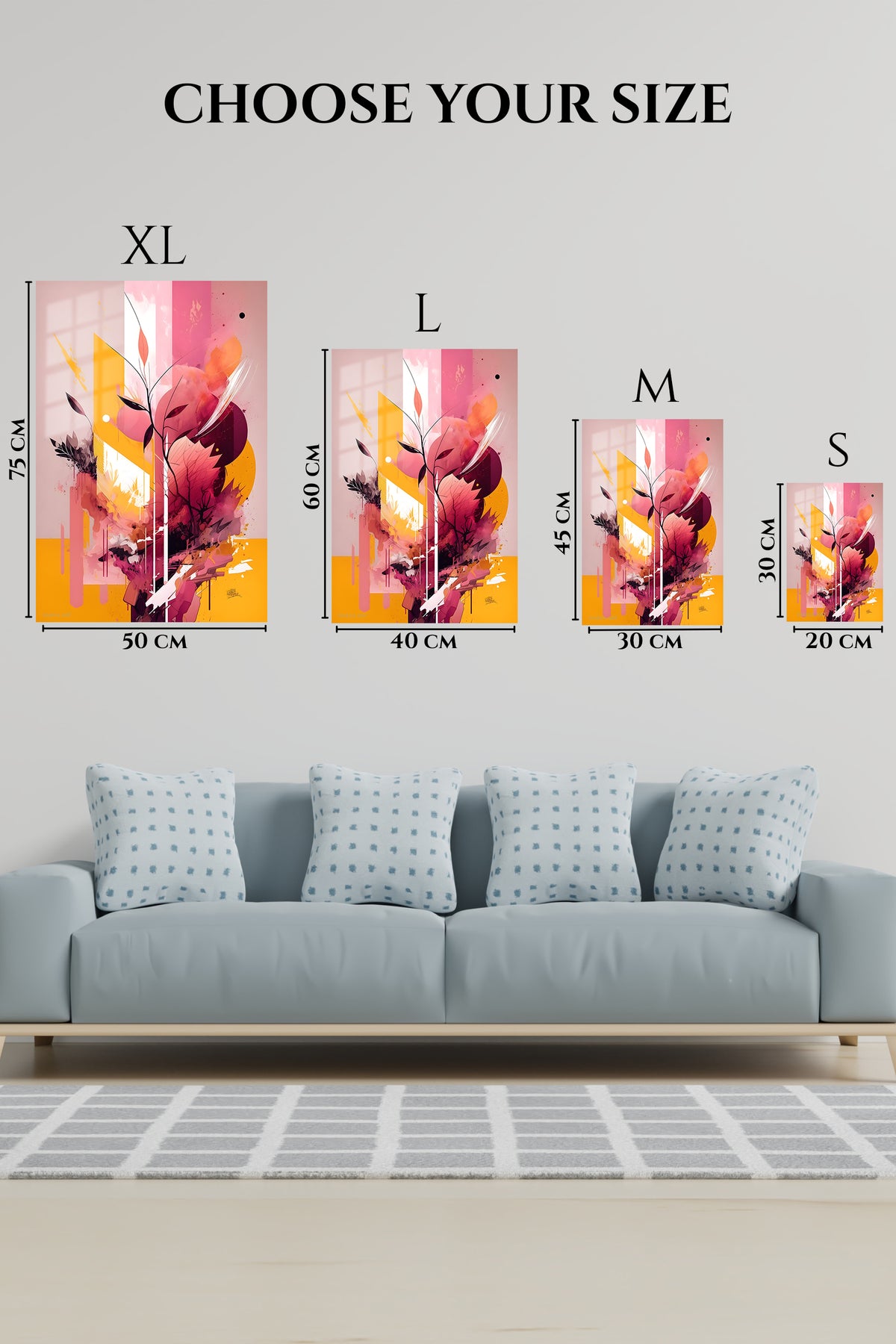EMESA metal wall art size comparison guide for Teal and Gold Vertical Rhythm