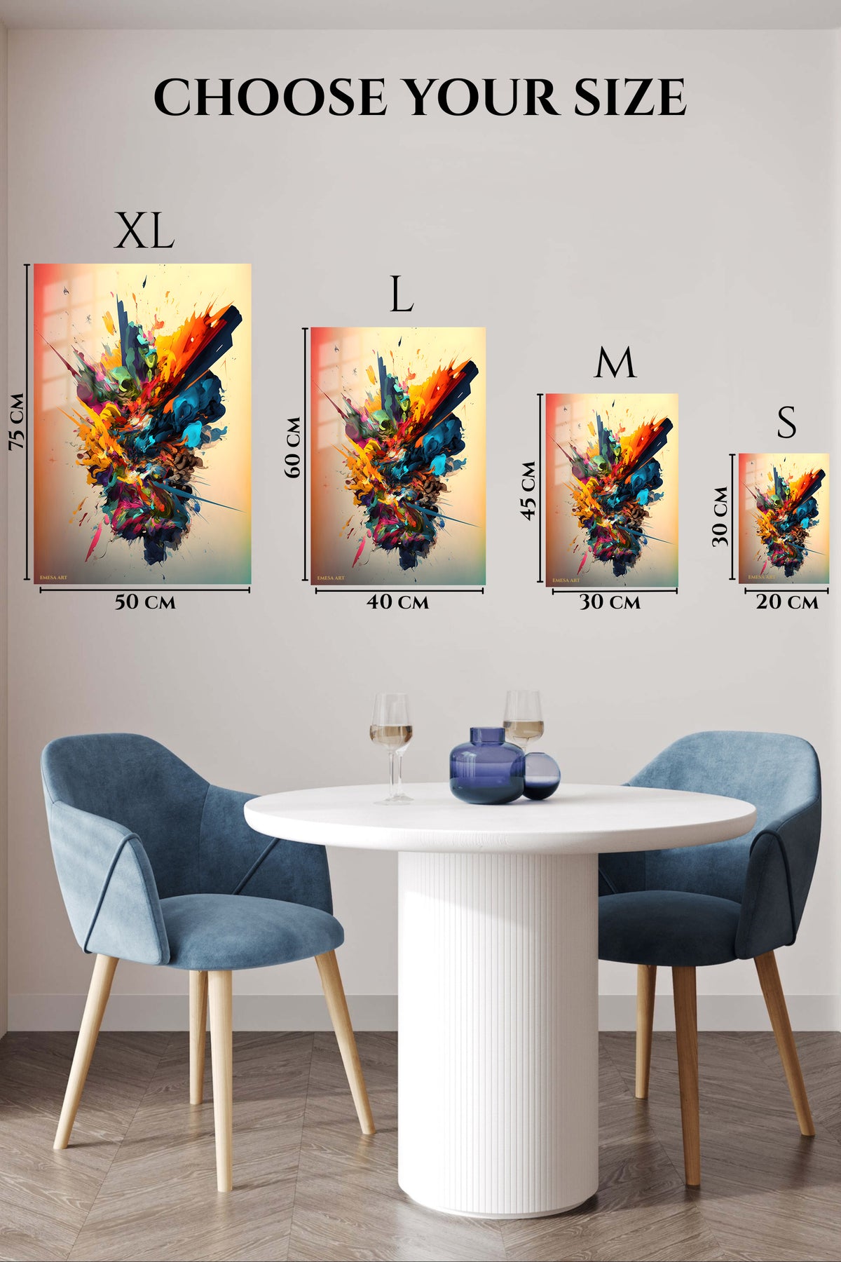 EMESA metal wall art size comparison guide for Neon Geometric Triangle Array