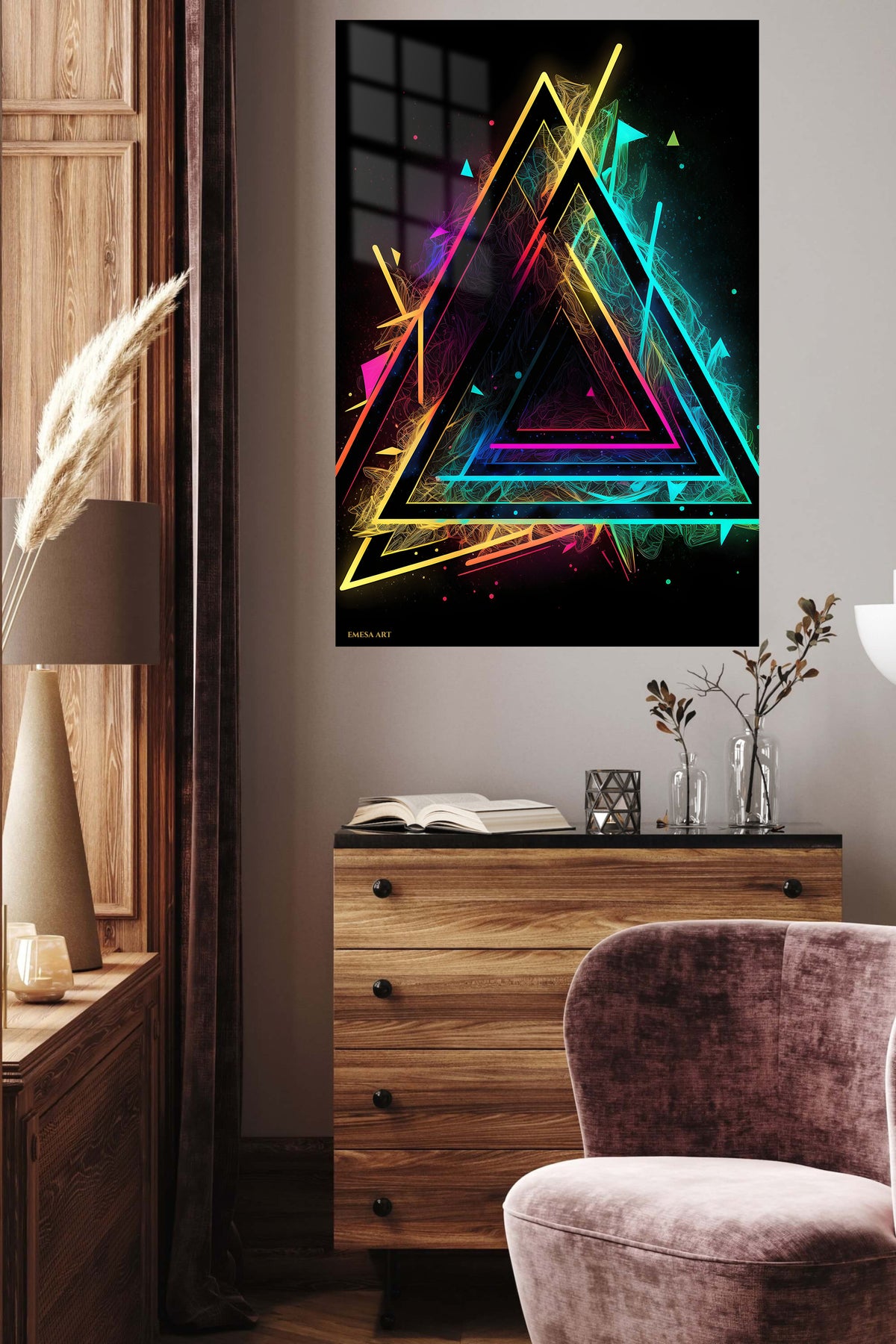 Interlocking Color Rings metal wall art displayed in a contemporary living space