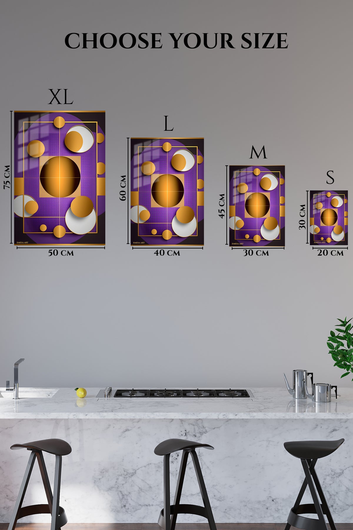 EMESA metal wall art size comparison guide for Fragmented Teal Portrait