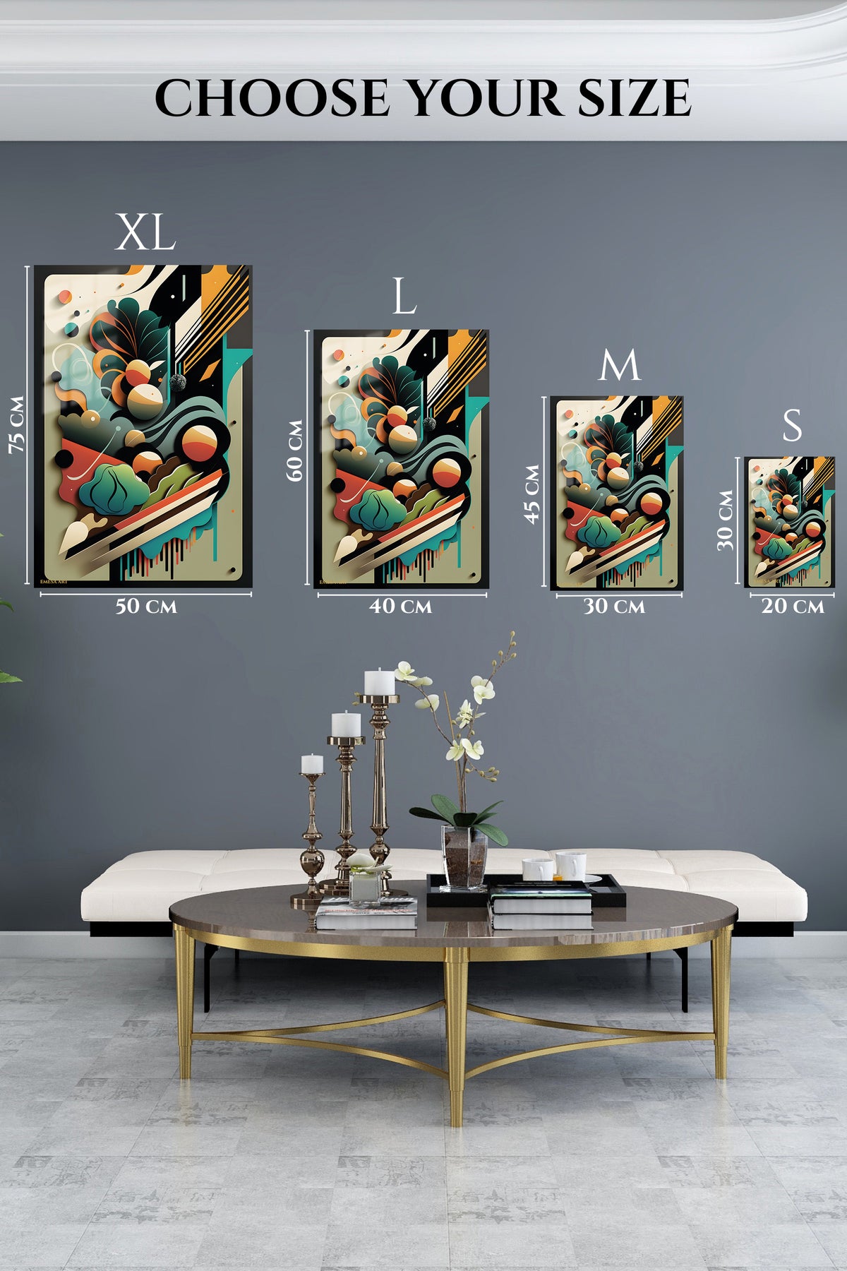 EMESA metal wall art size comparison guide for Vintage Triangle Mosaic