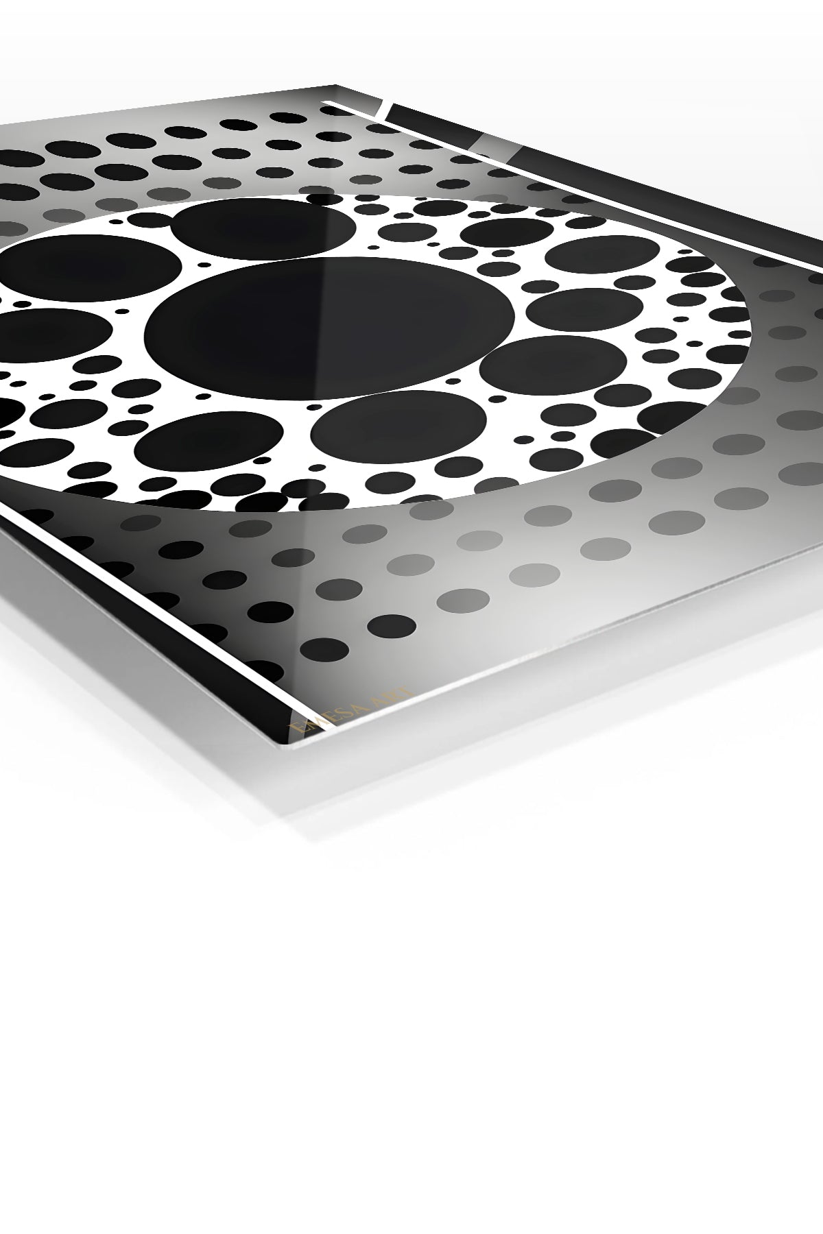 Monochrome Orbital Circles premium metal wall art – angled view