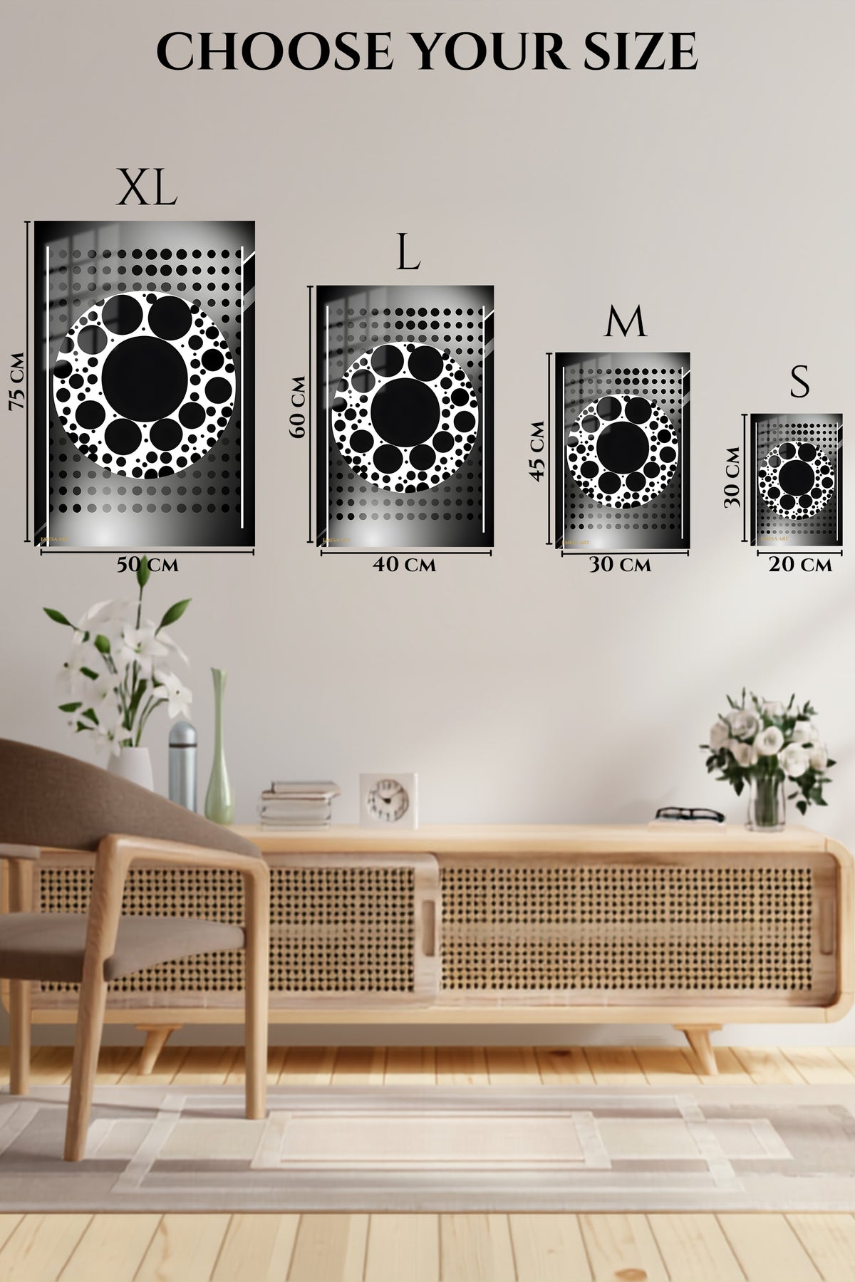EMESA metal wall art size comparison guide for Monochrome Orbital Circles