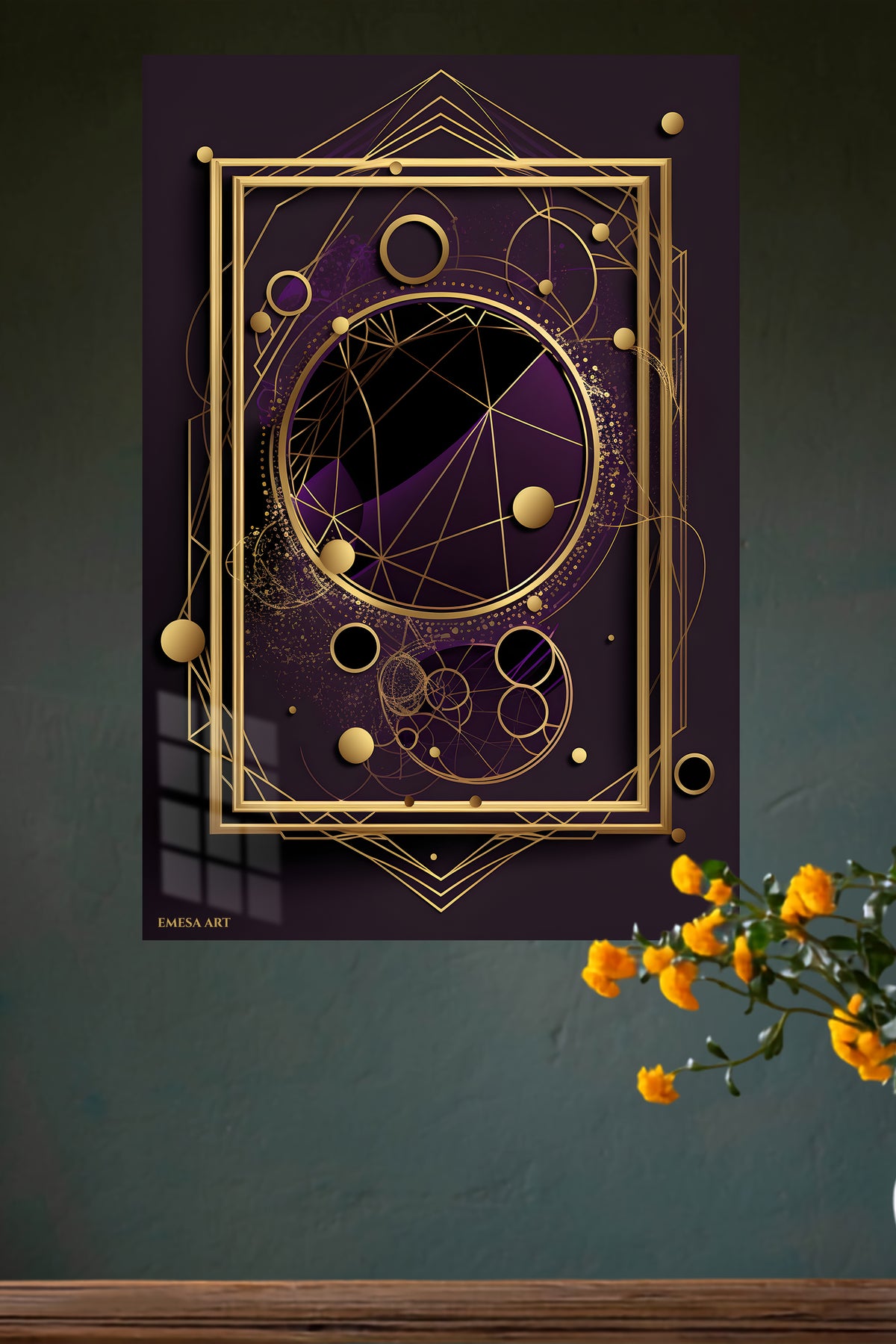 Amber Teal Geometric Dimensions metal wall art displayed in a modern interior