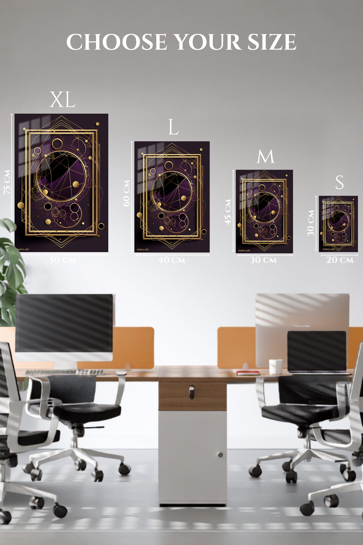 EMESA metal wall art size comparison guide for Amber Teal Geometric Dimensions