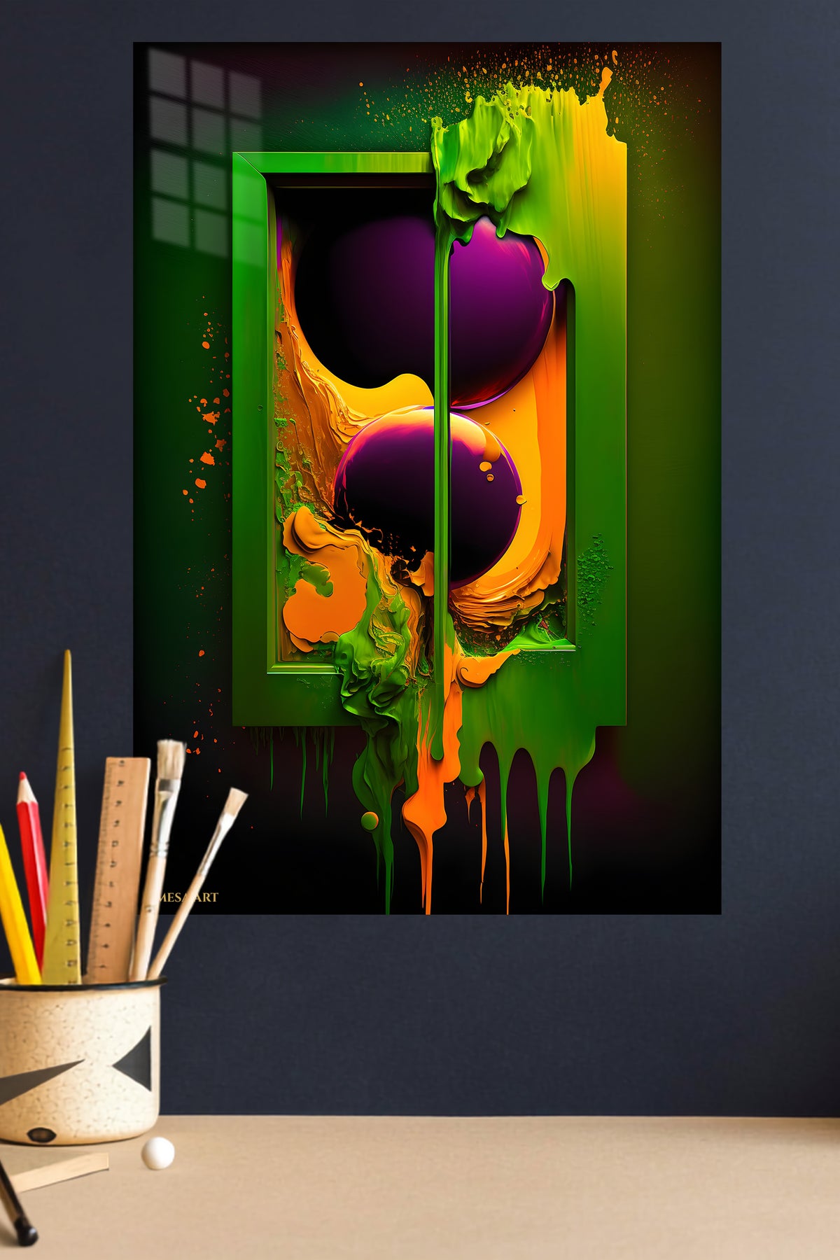 Floating Cubes and Color Arrows metal wall art displayed in a modern interior