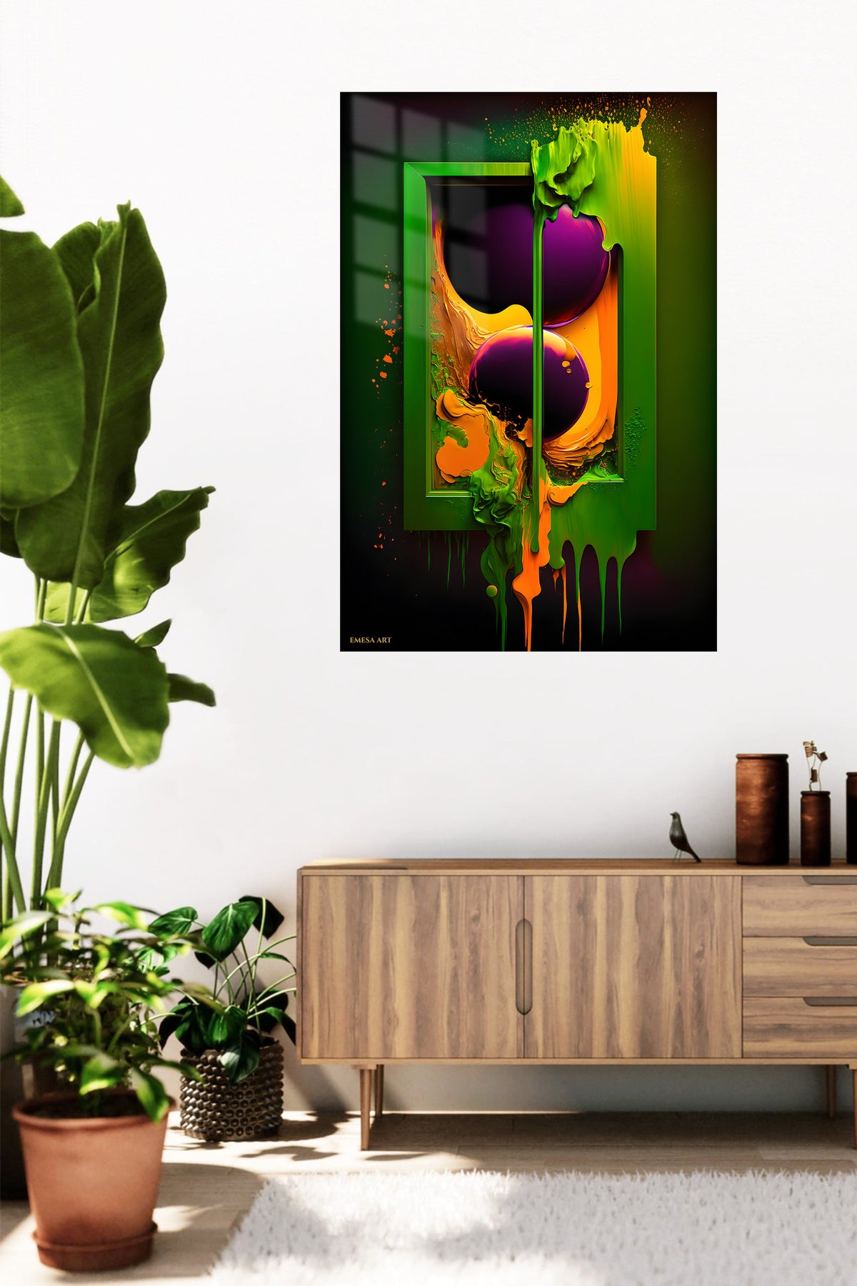 Floating Cubes and Color Arrows metal wall art displayed in a contemporary living space