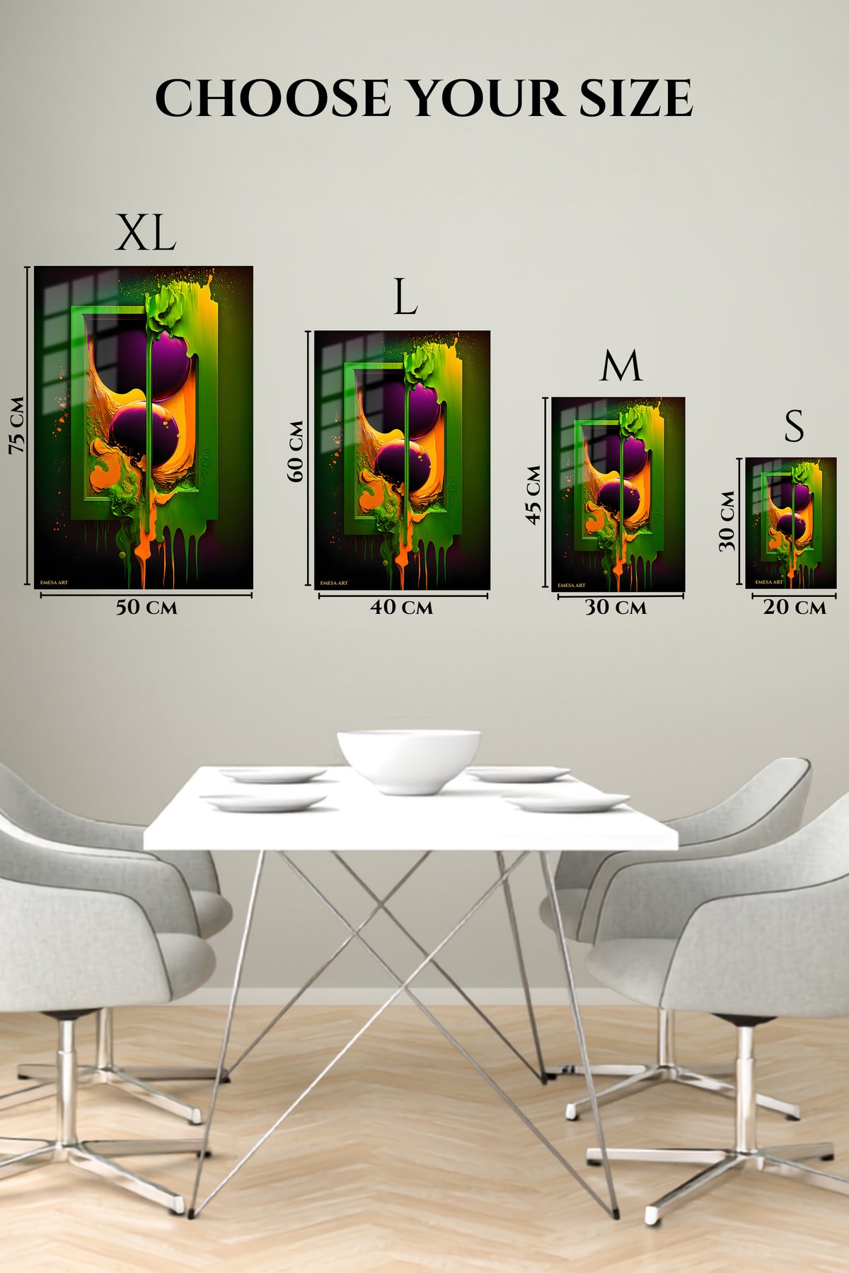 EMESA metal wall art size comparison guide for Floating Cubes and Color Arrows