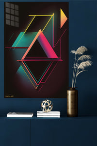 Teal and Gold Geometric Dimensions metal wall art displayed in a modern interior