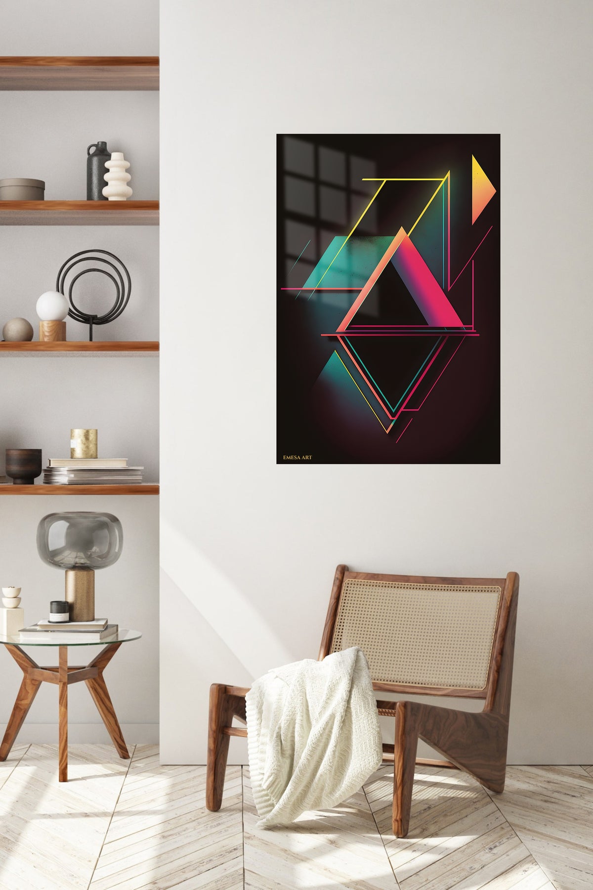 Teal and Gold Geometric Dimensions metal wall art displayed in a contemporary living space