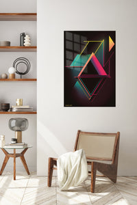 Teal and Gold Geometric Dimensions metal wall art displayed in a contemporary living space