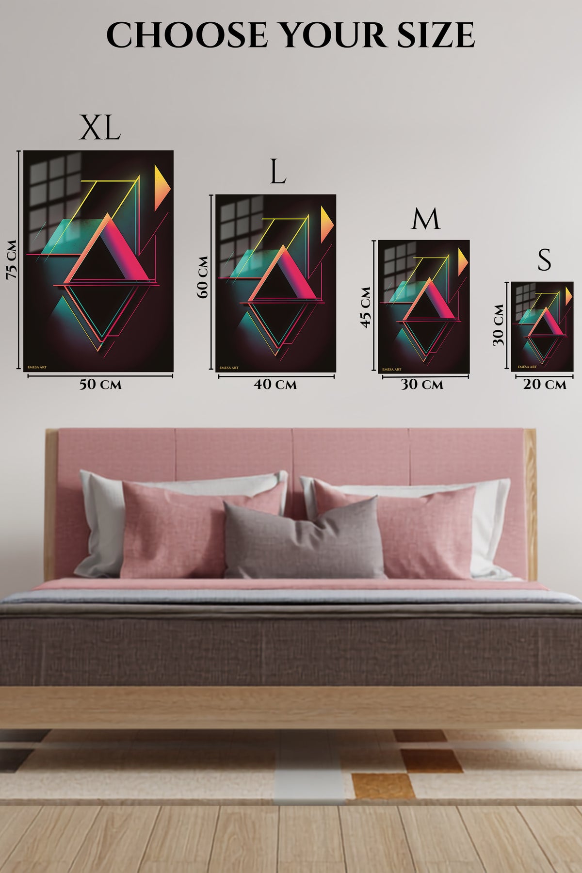 EMESA metal wall art size comparison guide for Teal and Gold Geometric Dimensions