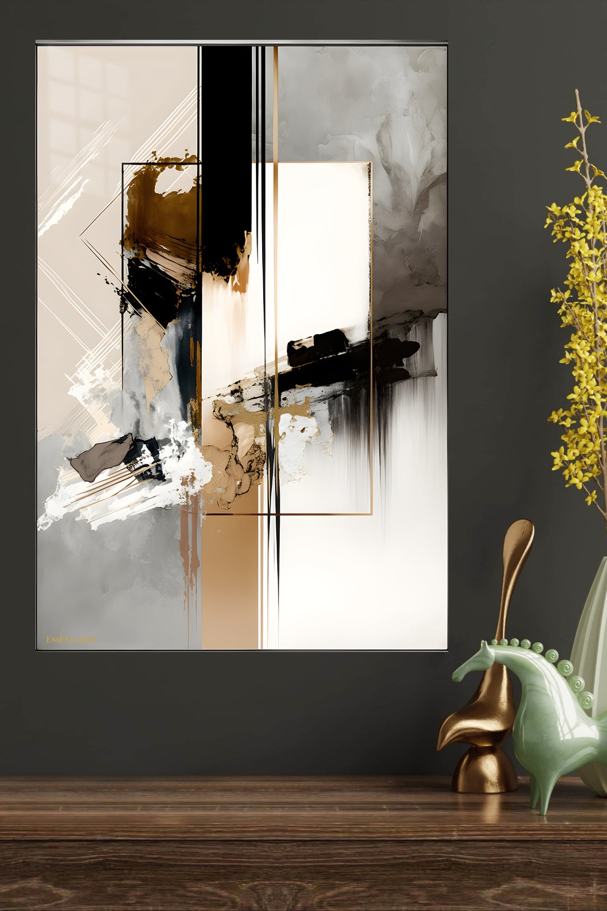 Amber Pines Below Geometric Peaks metal wall art displayed in a modern interior