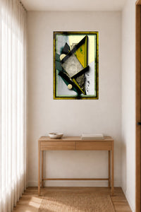 Golden Triangle Rhythm metal wall art displayed in a contemporary living space
