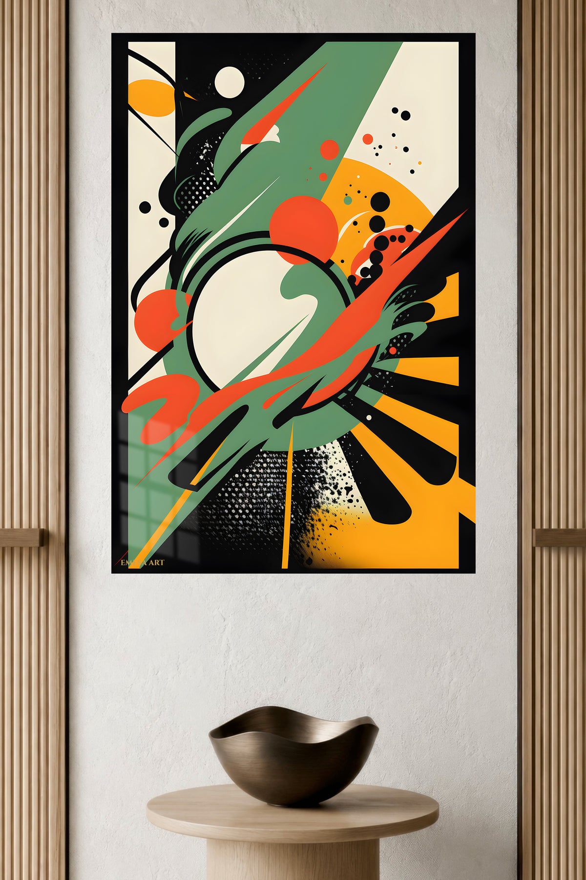 Magenta Gold Vector Surge metal wall art displayed in a modern interior