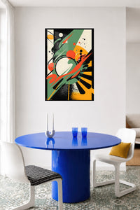 Magenta Gold Vector Surge metal wall art displayed in a contemporary living space
