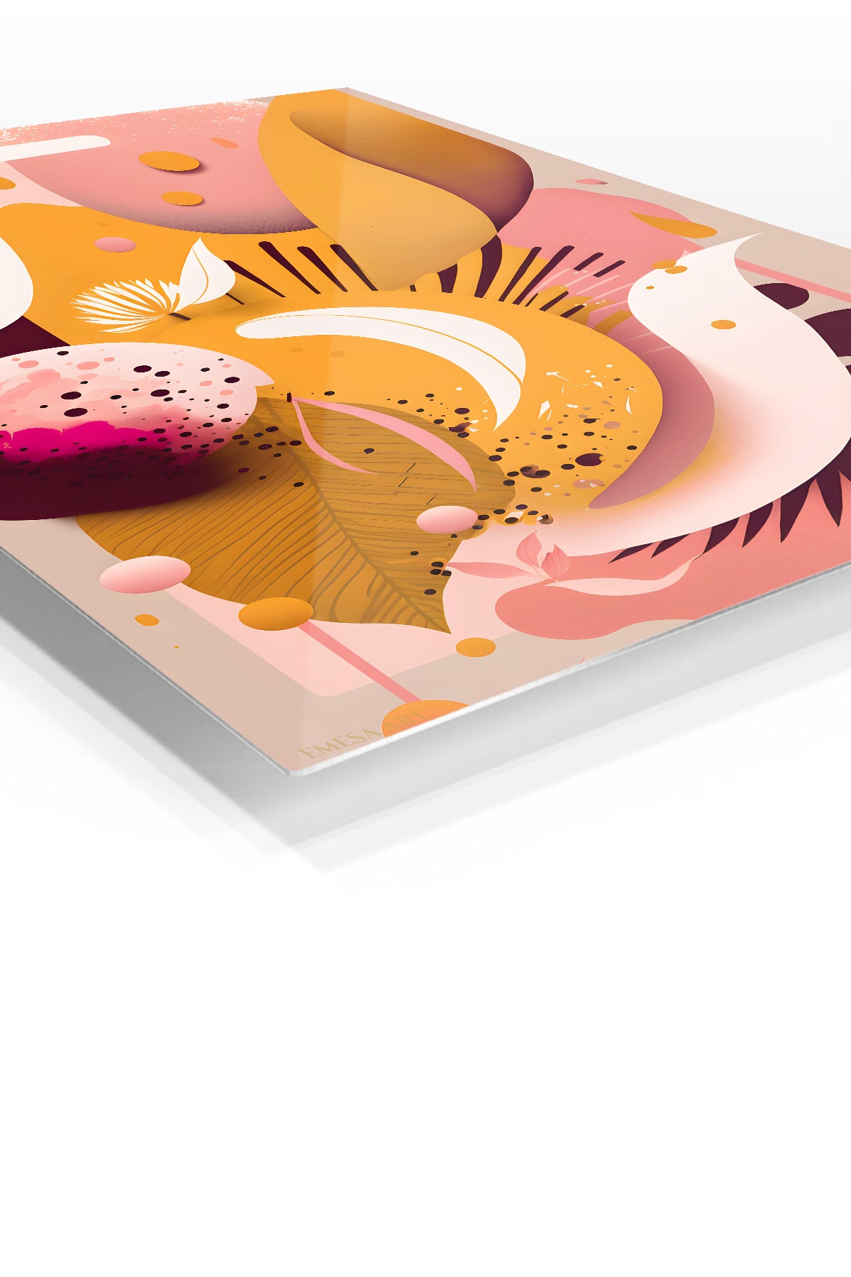 Coral Orbit Geometry premium metal wall art – angled view