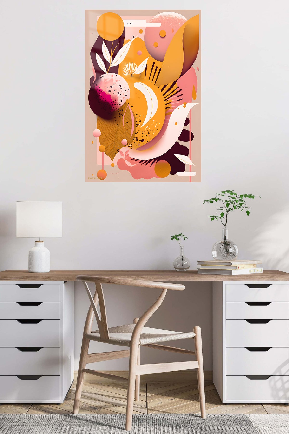 Coral Orbit Geometry metal wall art displayed in a contemporary living space