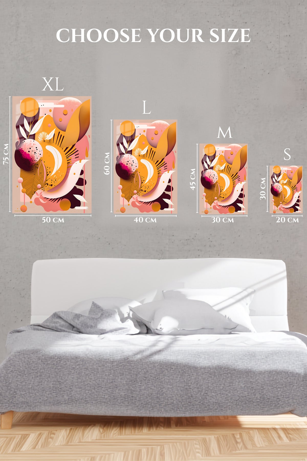EMESA metal wall art size comparison guide for Coral Orbit Geometry