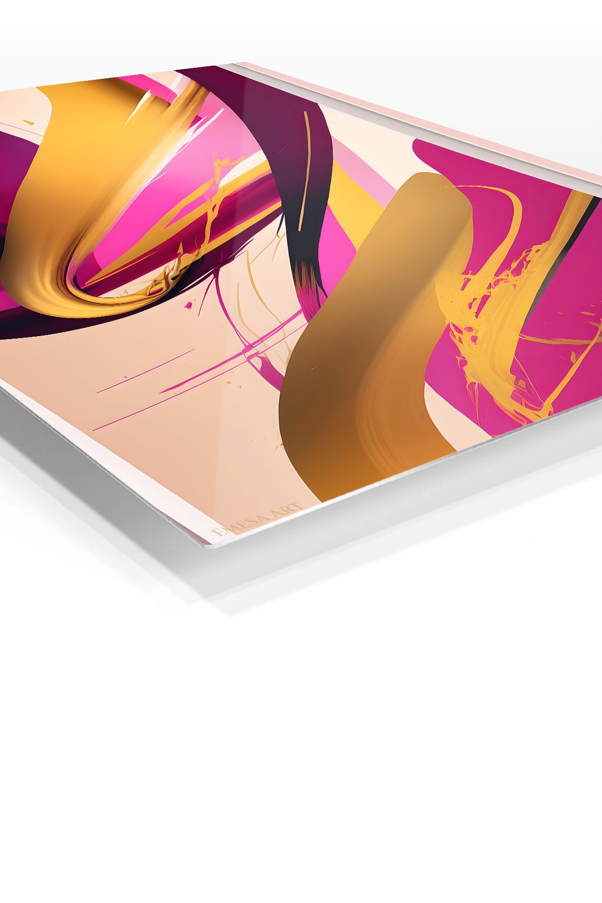 Magenta and Gold Motion premium metal wall art – angled view