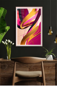 Magenta and Gold Motion metal wall art displayed in a modern interior