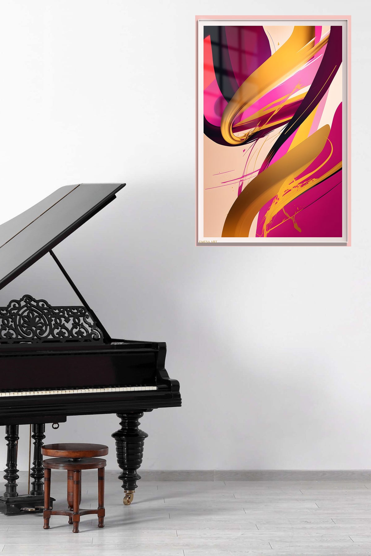 Magenta and Gold Motion metal wall art displayed in a contemporary living space