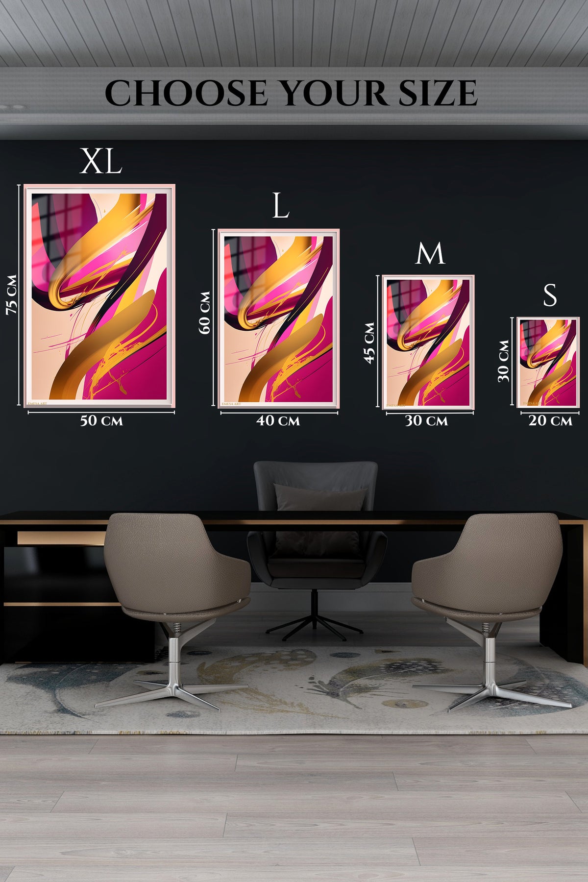 EMESA metal wall art size comparison guide for Magenta and Gold Motion