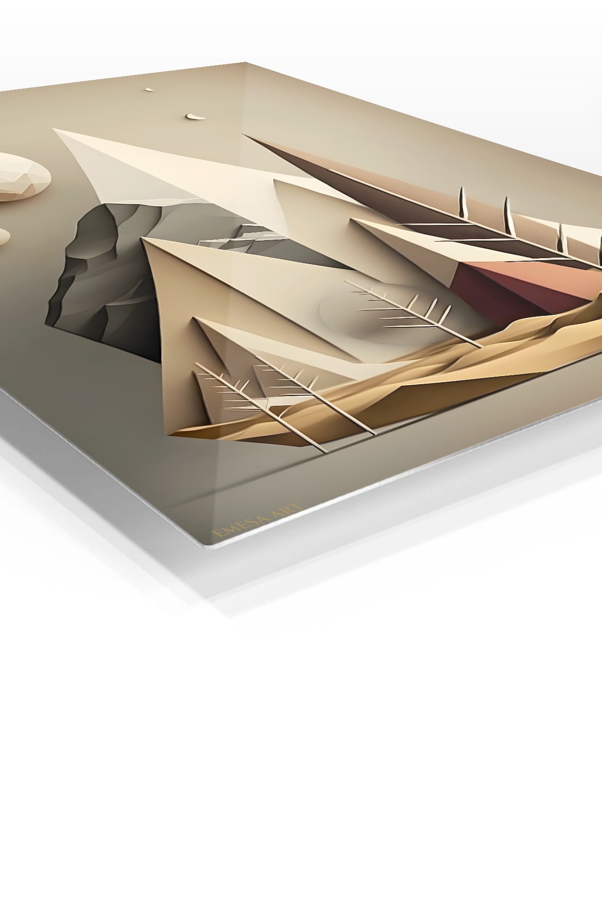 Fragmented Teal and Ochre Geometry premium metal wall art – angled view