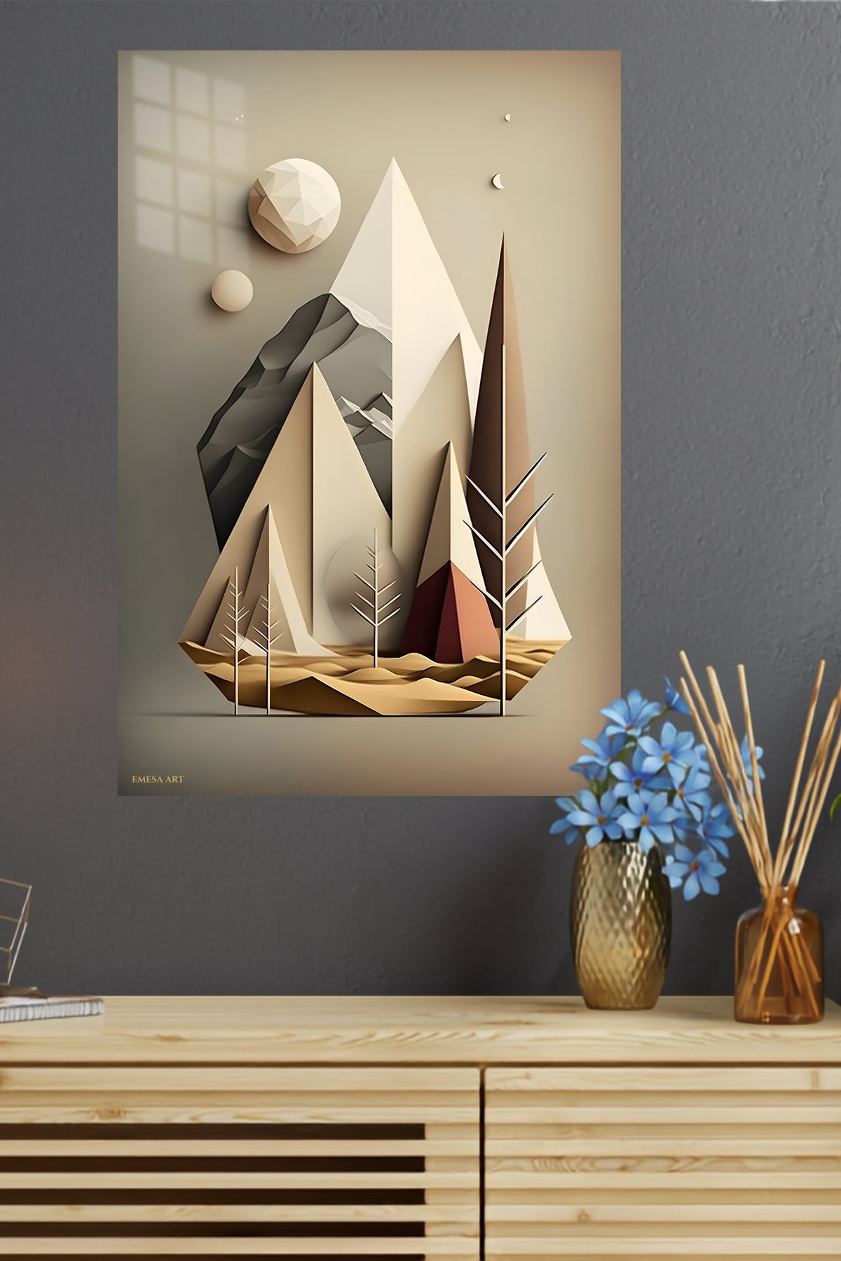 Fragmented Teal and Ochre Geometry metal wall art displayed in a modern interior
