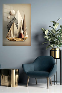 Fragmented Teal and Ochre Geometry metal wall art displayed in a contemporary living space