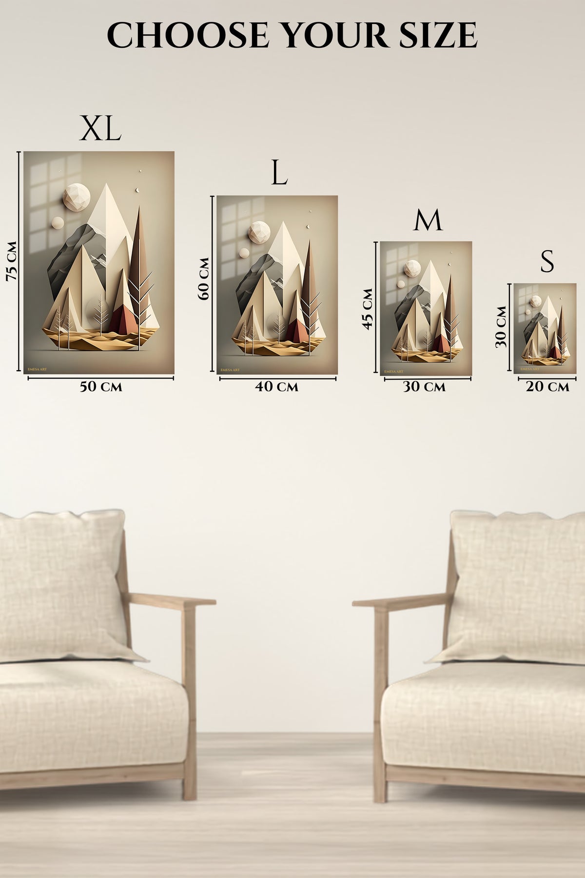 EMESA metal wall art size comparison guide for Fragmented Teal and Ochre Geometry