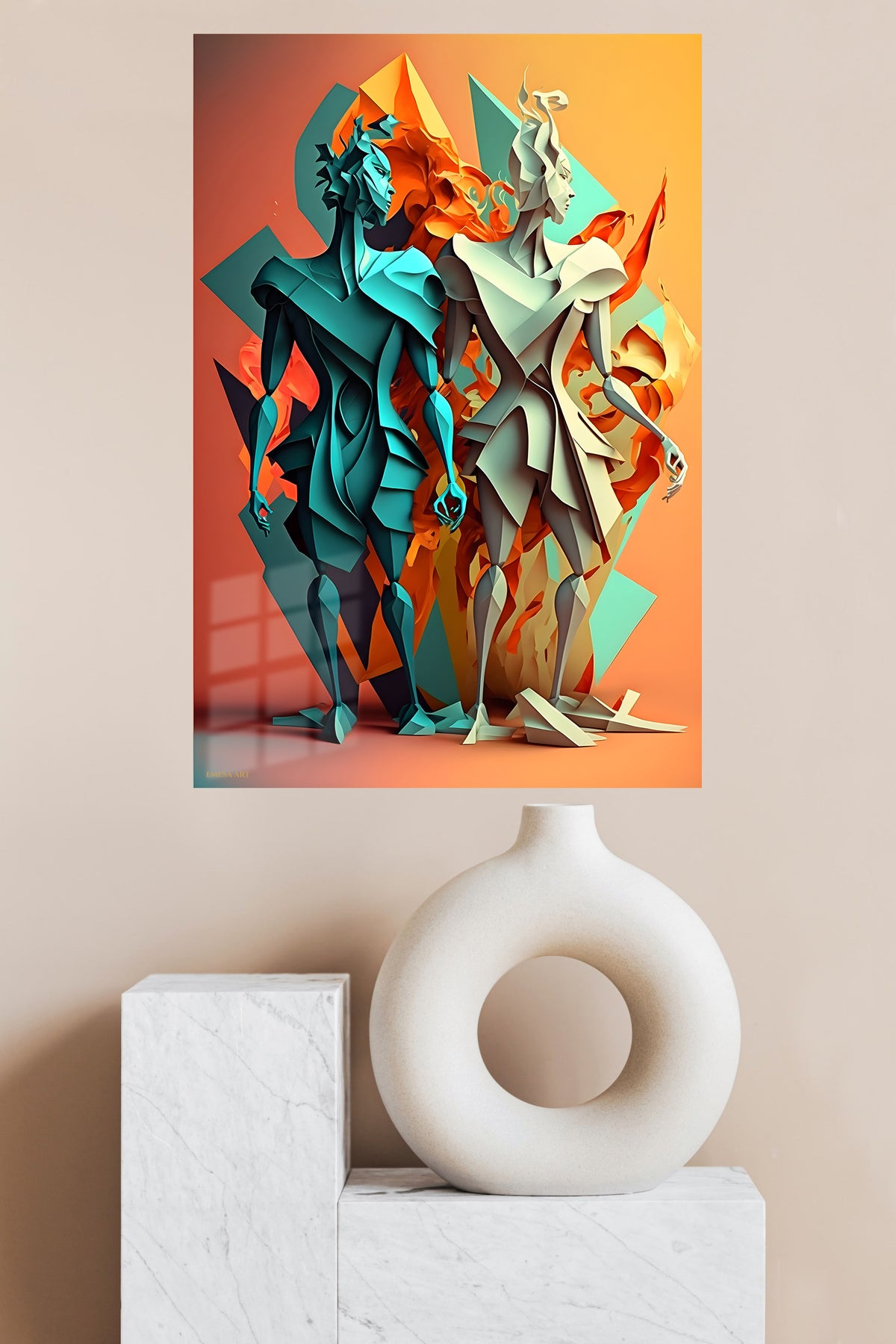Gold and Violet Orb Geometry metal wall art displayed in a modern interior