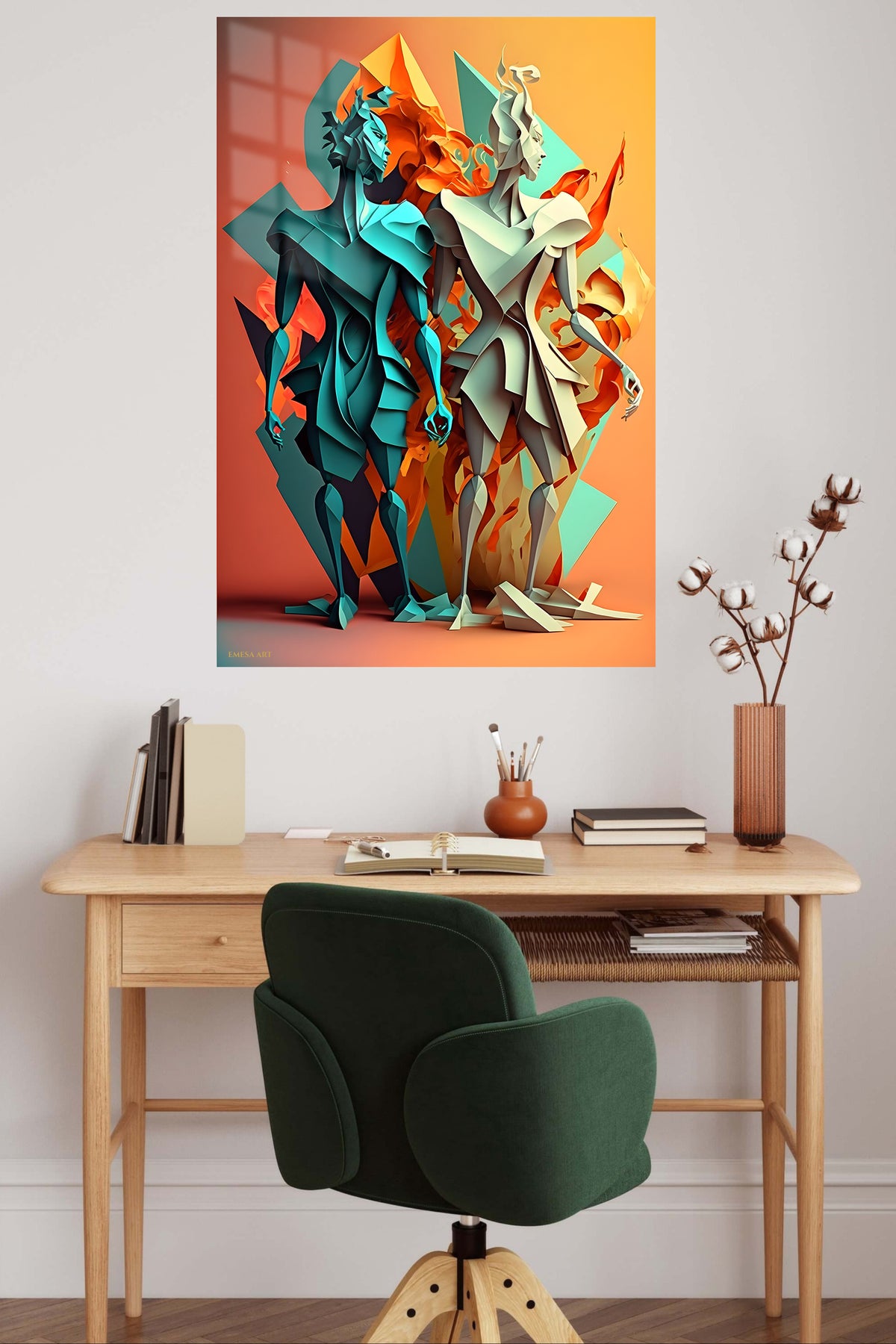 Gold and Violet Orb Geometry metal wall art displayed in a contemporary living space