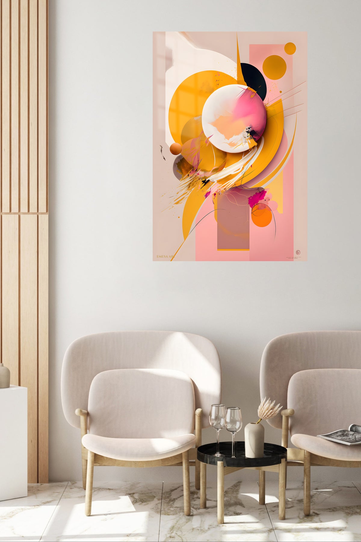 Orbiting Geometric Energy metal wall art displayed in a contemporary living space