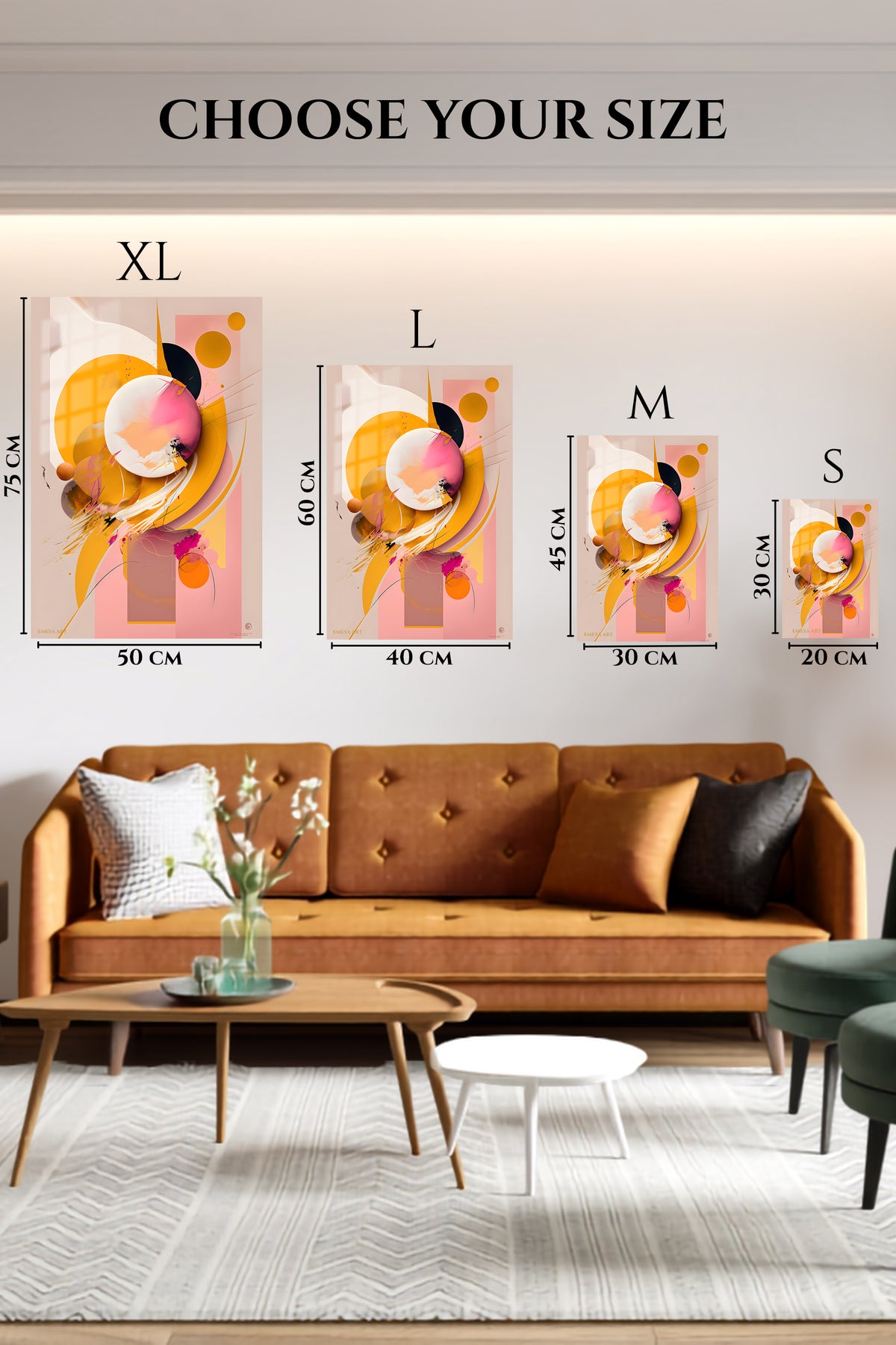 EMESA metal wall art size comparison guide for Orbiting Geometric Energy