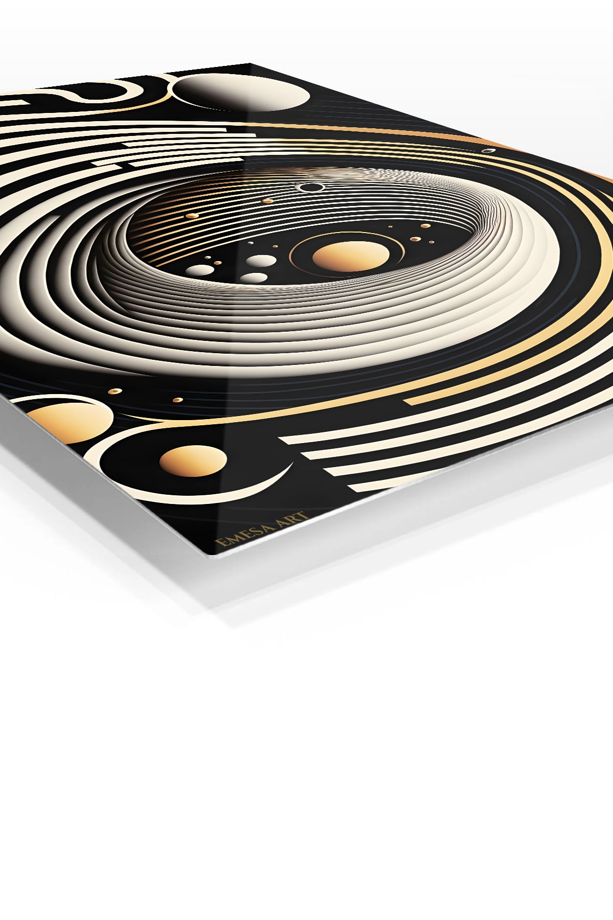Golden Orbit Abstract Relief premium metal wall art – angled view