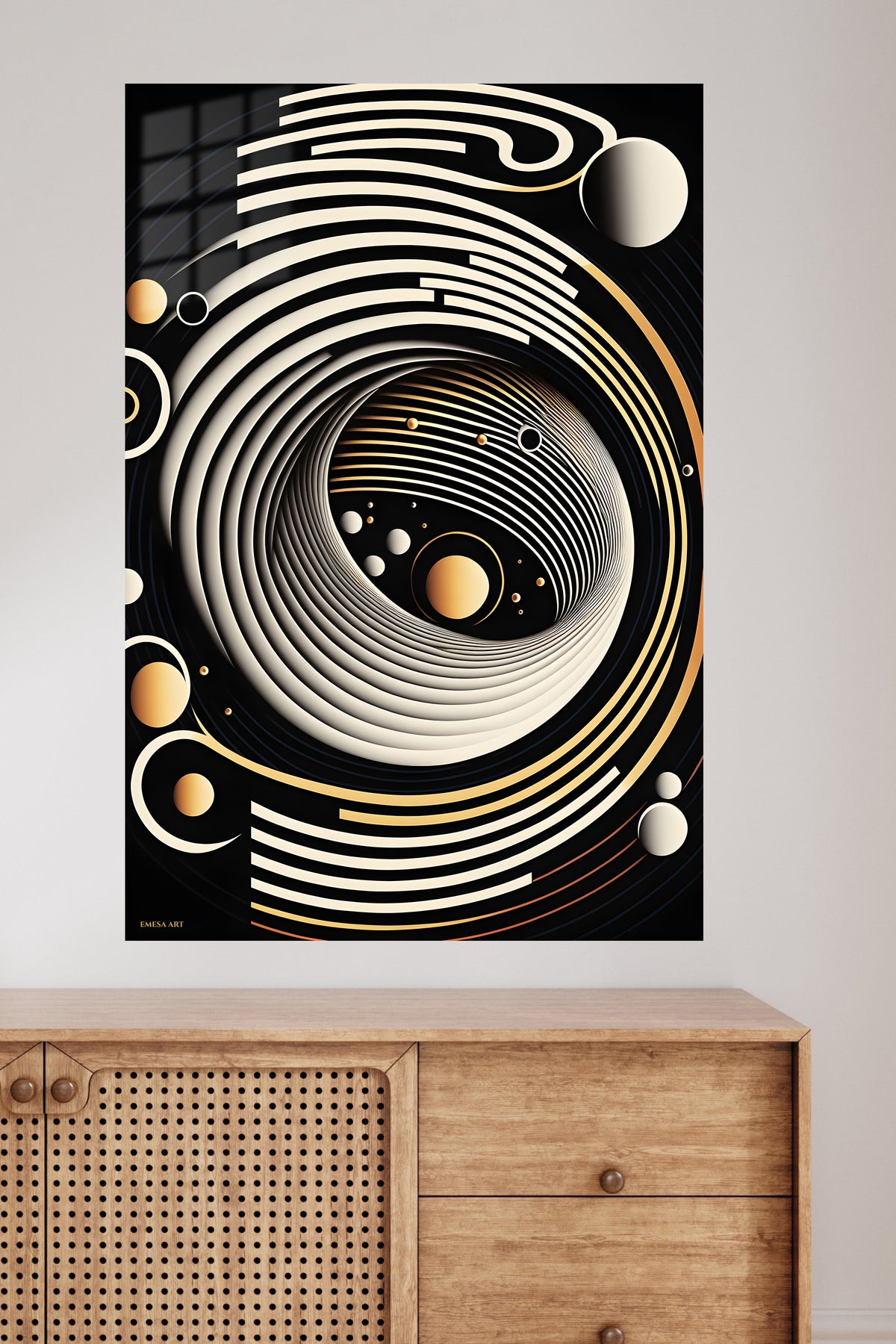 Golden Orbit Abstract Relief metal wall art displayed in a modern interior