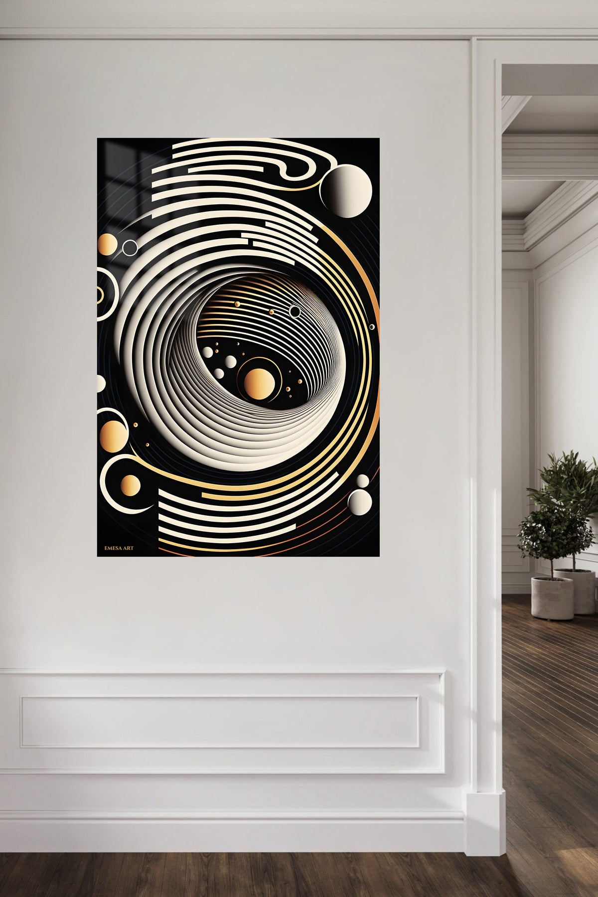 Golden Orbit Abstract Relief metal wall art displayed in a contemporary living space
