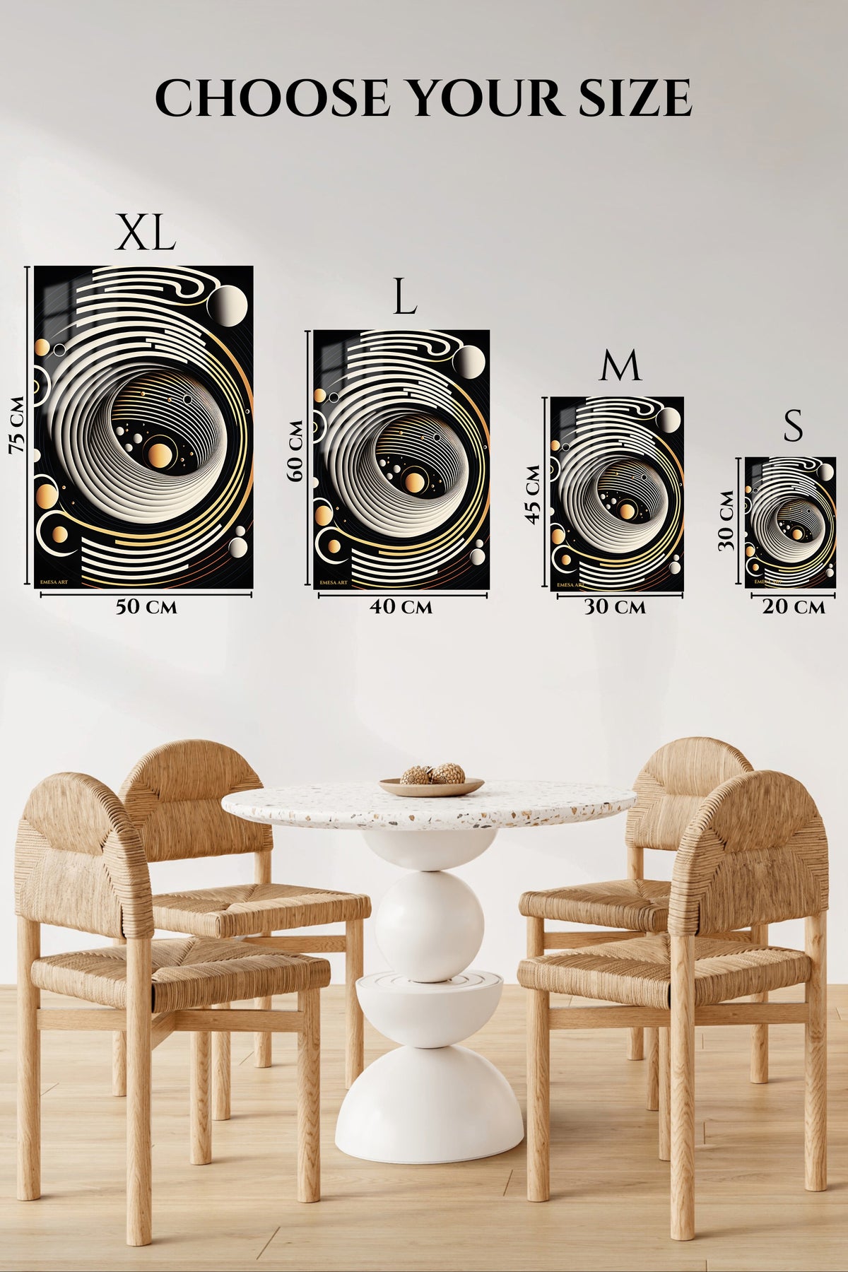 EMESA metal wall art size comparison guide for Golden Orbit Abstract Relief