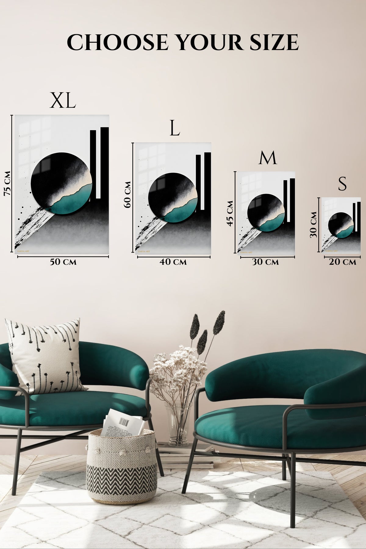 EMESA metal wall art size comparison guide for Amber Orbit Relief